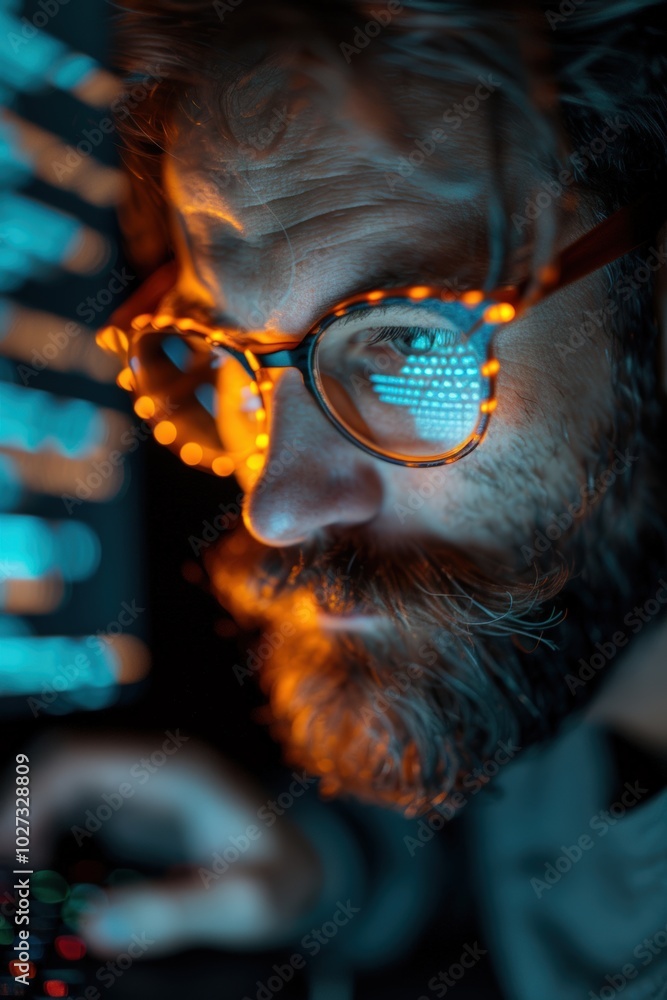 Poster a focused coder works late at night with glowing glasses and a glowing screen in a dark room