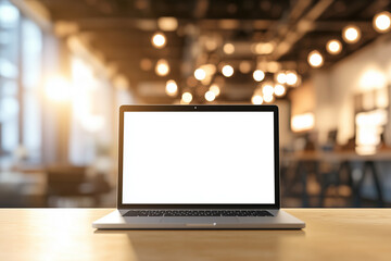 A blank white screen of an open laptop placed on the table in front view with a blurred background, a concept for displaying images or text. The scene is set against a blurry office interior backdrop.