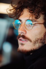 Curly-haired man with glasses gazes thoughtfully while sitting indoors during the day