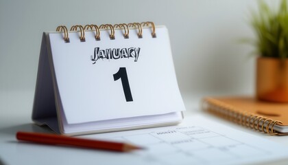 A calendar flipped to January 1st, with a pencil and planner on a white desk. 