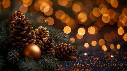 Christmas tree with red and golden baubles and lights bokeh background. Space for text. Copy space. Greeting card.