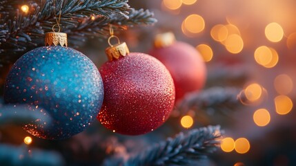 Christmas tree with red and blue baubles and lights bokeh background. Space for text. Copy space. Greeting card.