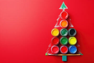 Flat lay with jars of paints of different colors and brush  in the shape of a Christmas tree on a red background. Space for text.