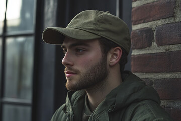 Fototapeta premium Rugged Outdoorsman in Military-Style Cap and Jacket