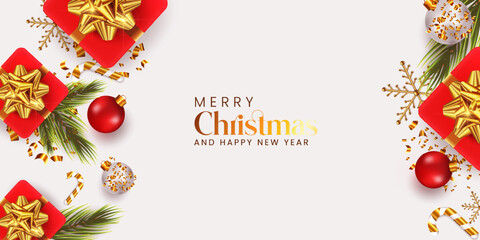Top view red color gift box and golden ribbon on white background Merry Christmas realistic background design template. Christmas and Happy New Year Banner design with gift boxes and Christmas ball. 