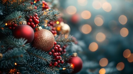 Obraz premium Christmas tree with red and golden baubles and lights bokeh background. Space for text. Copy space. Greeting card.