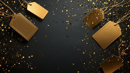 Black and gold tags with twine string on a dark background, surrounded by golden confetti