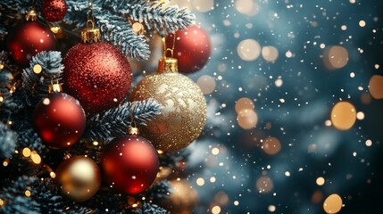 Christmas tree with red and golden baubles and lights bokeh background. Space for text. Copy space. Greeting card.