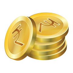 Rupee gold coin stack. Isometric stack of gold coins with the Indian rupee symbol. Business concept template
