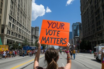 Woman holding orange "Your Vote Matters" sign at urban protest. Skyscrapers and crowd in background. Vibrant colors. Focus on civic engagement and activism
