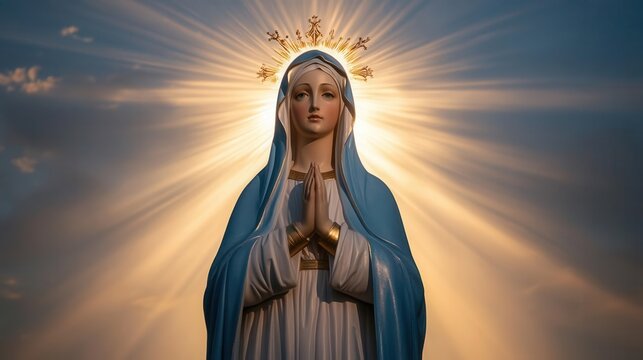 A peaceful sky with beams of light shining down, symbolizing the heavenly moment of the Immaculate Conception