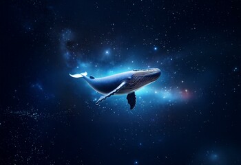 Fototapeta premium A whale swims through a dark blue expanse of starry space.
