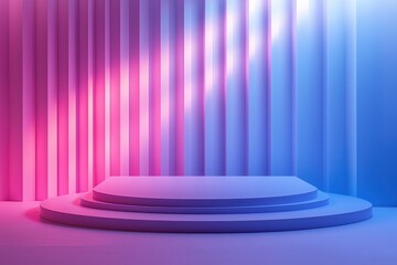 Stylish stage with vibrant pink and blue lighting, ideal for presentations or performances, showcasing modern design and ambiance.