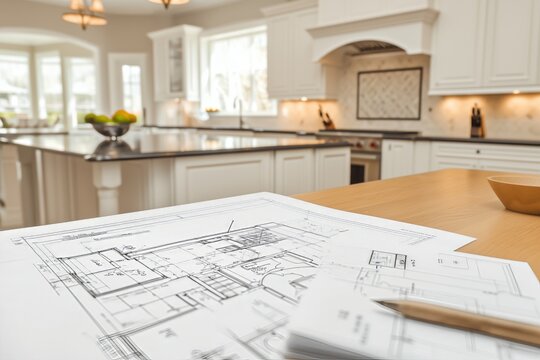 Architectural blueprints on kitchen island. Bright, modern kitchen in background. Natural light. Home renovation or construction planning concept