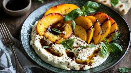 Savory Peach Dessert with Creamy Burrata and Fresh Basil Garnish
