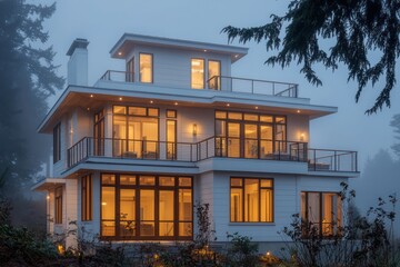 Contemporary white house with wood details, large windows, and a balcony, all under a foggy evening glow