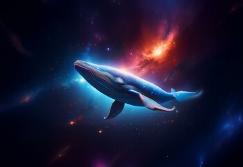 Fototapeta premium A blue whale swims through space, surrounded by a galaxy of stars and nebulas.