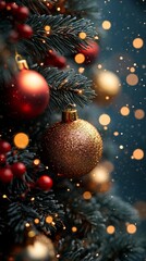 Christmas tree with red and golden baubles and lights bokeh background. Space for text. Copy space. Greeting card.