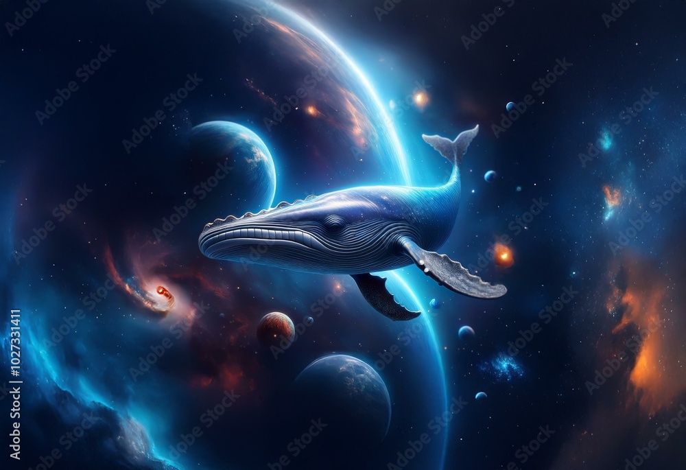 Poster a blue whale swims through a vast, starry expanse. multiple planets and nebulae are visible in the b