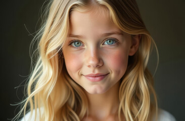 Portrait of a blonde girl with long hair and a smile on a gray background