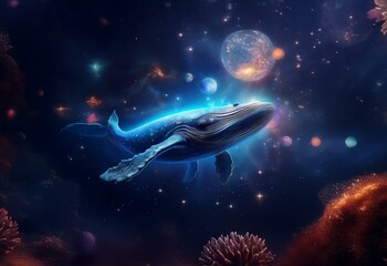 Fototapeta premium A blue whale swims through space, with stars and planets around it.