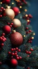 Obraz premium Christmas tree with red and golden baubles and lights bokeh background. Space for text. Copy space. Greeting card.