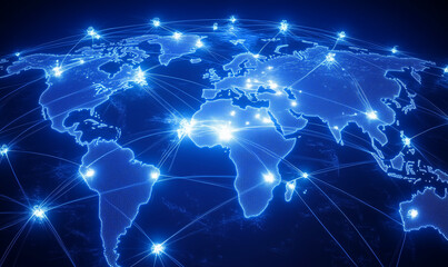 A blue map of the world with glowing lines connecting various countries, representing global connectivity and data transfer between different distant places.