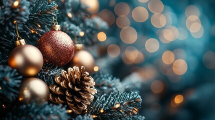 Obraz premium Christmas tree with red and golden baubles and lights bokeh background. Space for text. Copy space. Greeting card.