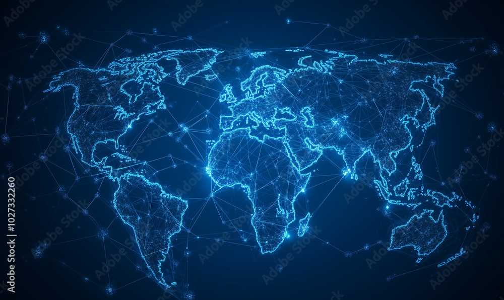 Poster a blue map of the world with glowing lines connecting various countries, representing global connect