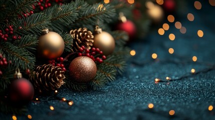Christmas tree with red and golden baubles and lights bokeh background. Space for text. Copy space. Greeting card.