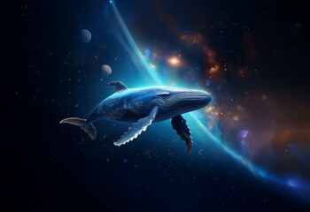 Fototapeta premium A large whale swims in the dark vastness of space, surrounded by stars and planets.