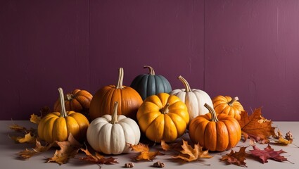 Fall Pumpkins and Autumn Leaves on Purple Background.