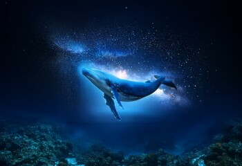 Obraz premium A blue whale swims through a starry sky underwater with its tail pointed upwards. The whale is surrounded by a glowing light and the ocean floor is obscured by dark blue water and coral.