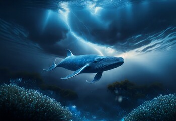 Fototapeta premium A whale swims through the deep blue ocean with a lightning storm above.