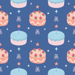 Cake seamless pattern on blue background