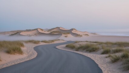 Foggy pathway through the sand dunes leading to the beach at early morning.