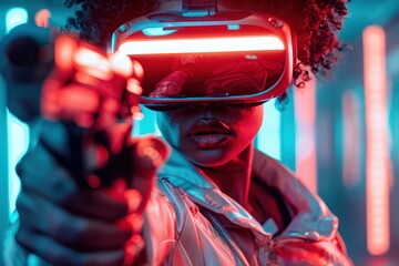 Player engaged in high-fidelity virtual reality gaming in neon environment