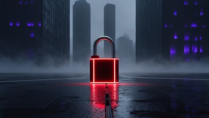 Futuristic Red Neon Lock in a Dark Urban Environment.