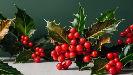 Obraz premium Festive Holly Berries and Leaves on Green Background.