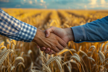 Two farmers in plaid shirts shaking hands in a golden wheat field, symbolizing partnership and agreement in agriculture at sunset