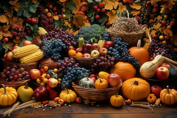 A lavish and colorful harvest display set against a rustic wooden backdrop, showcasing an array of fruits and vegetables
