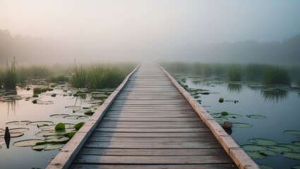Foggy wooden pathway through a pond surrounded by lily pads in the early morning light.