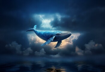 Obraz premium A blue whale soars through a stormy sky with a lightning strike behind it.