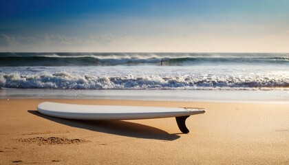 Surfboard Resting on Golden Sand Beach with Waves Crashing in Background at Sunrise. Ideal for Relaxation, Summer Vacation, or Surfing Lifestyle Concepts