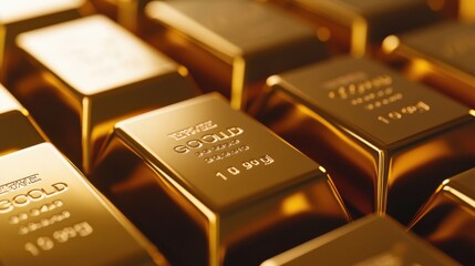 A close-up shot of a stack of shiny gold bars neatly arranged, each engraved with purity and weight markings, reflecting light in a clean, secure vault environment