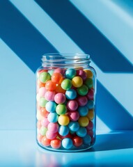 Colorful Gumballs in a Clear Jar on Blue Background.