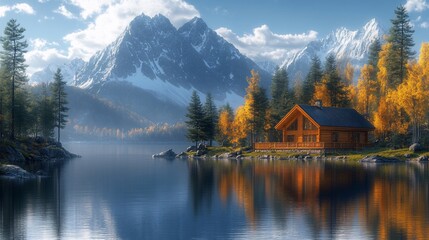 Fototapeta premium Serene mountain landscape featuring a cozy cabin by a tranquil lake surrounded by autumn trees.