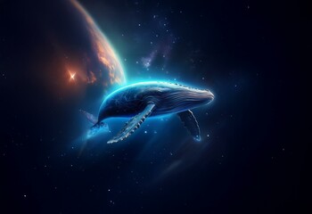 Naklejka premium A glowing blue whale swims through a starry sky near a distant planet.