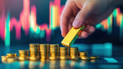 A person&acirc;&euro;&trade;s hand gently placing a gold bar on a stack of other bars, symbolizing wealth accumulation and investment, with a blurred financial chart in the background