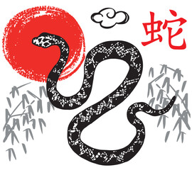 Chinese  Snake Year of the Ink Painting. Hand drawn sketch. Happy lunar New Year 2025. Year of the snake. Chinese new year symbol. Тranslation: snak